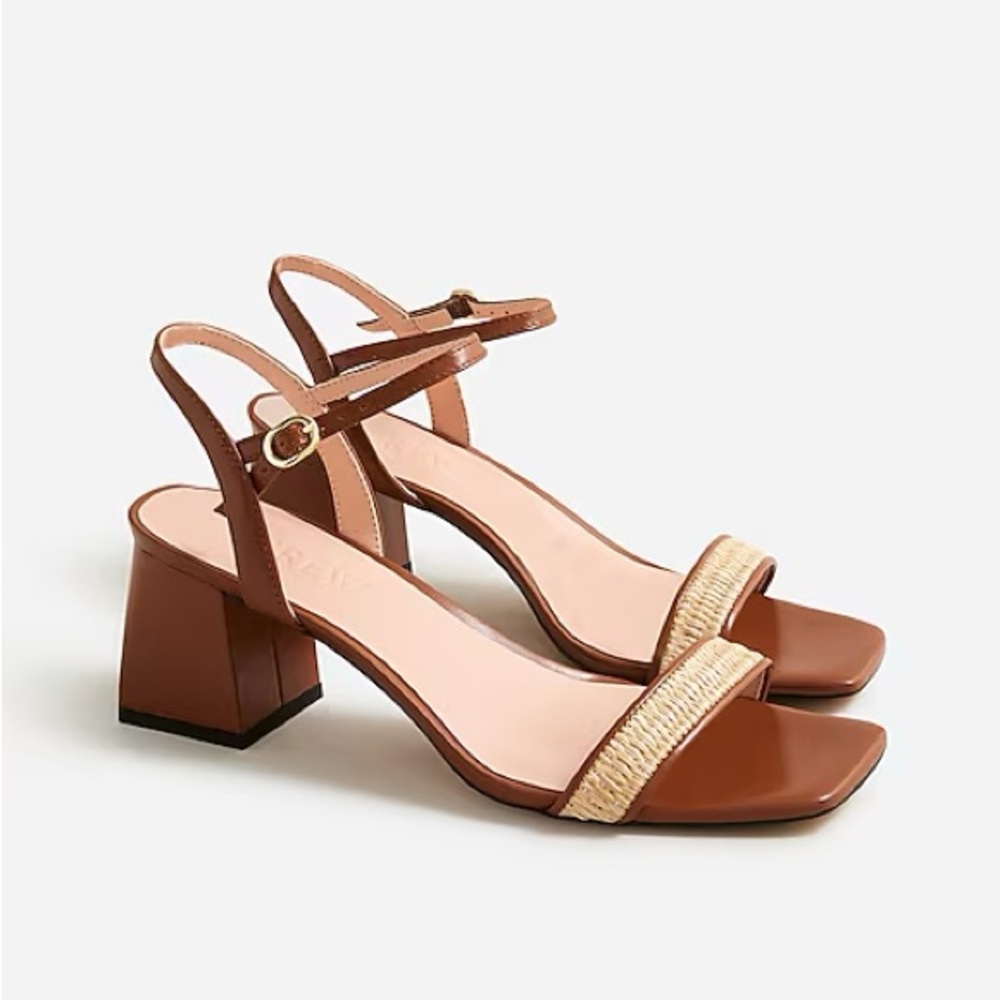 NWT J.Crew Layne Ankle Strap Block Heels Raffia Chestnut Size 7